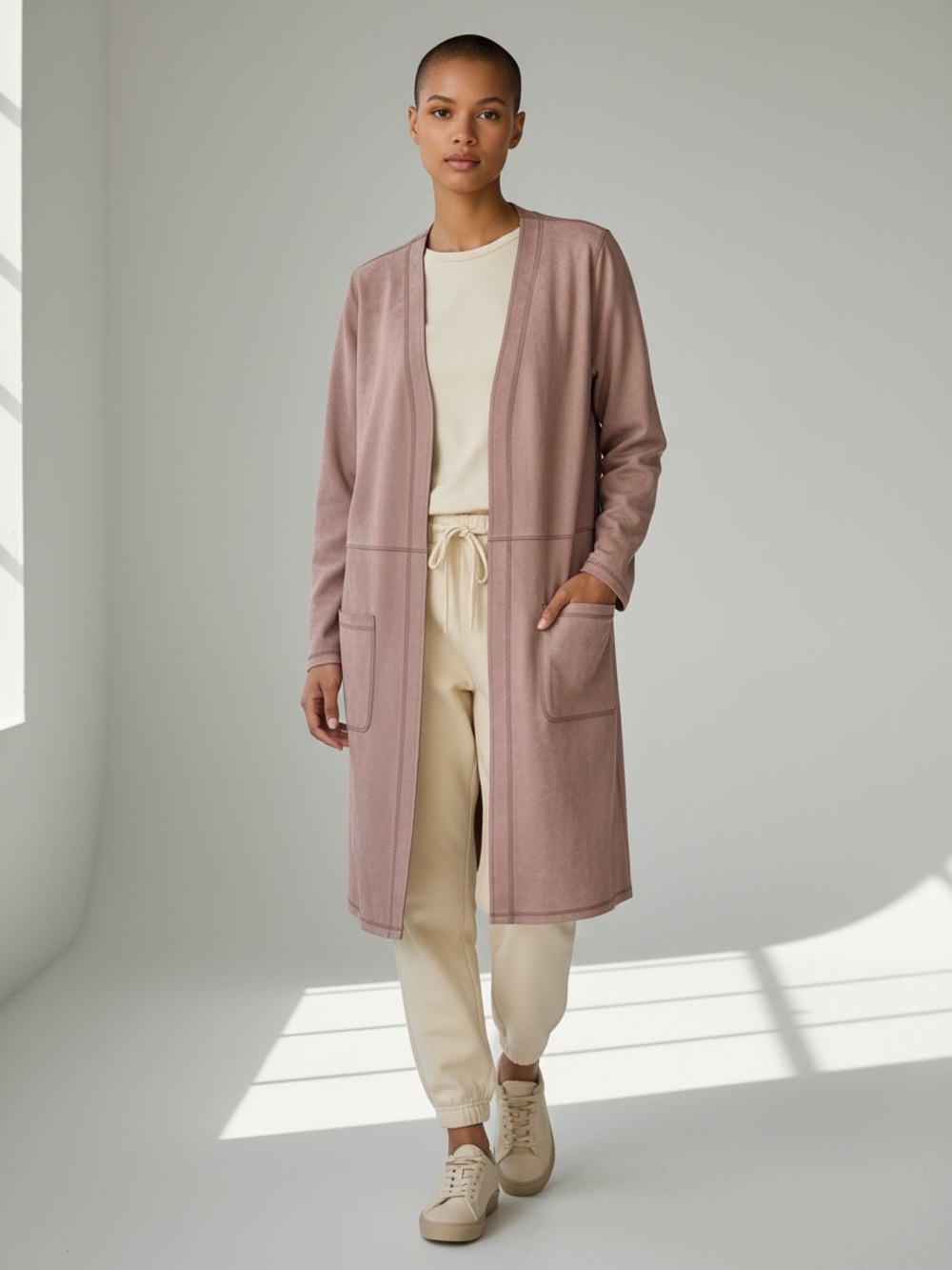Solitaire open front long blush pink faux suede duster cardigan extra large